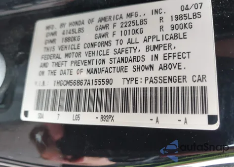 2007 Honda Accord 2.4 Ex из США, поврежденный, VIN 1HGCM56867A155590